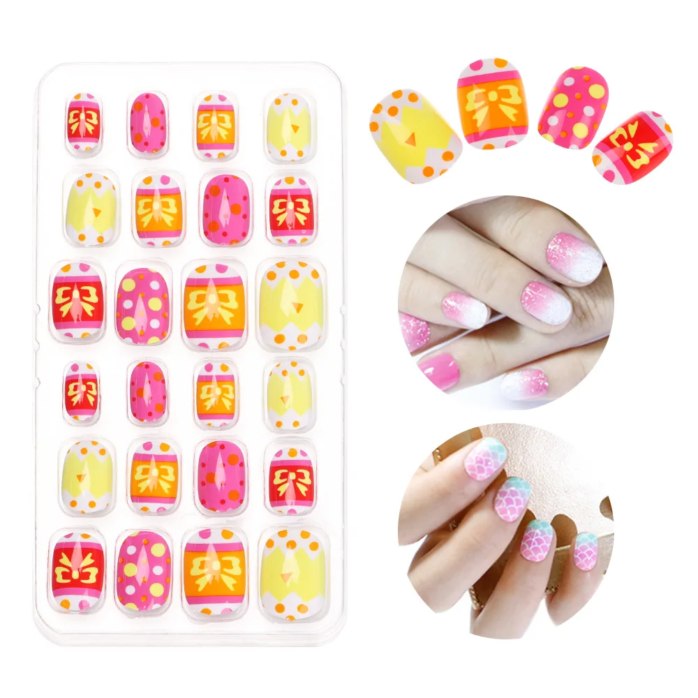 24pcs Child False Nails Wearable Full Cover Fake Press On Nail Manicure Tool Candy Color Artificial Art for Children - купить по