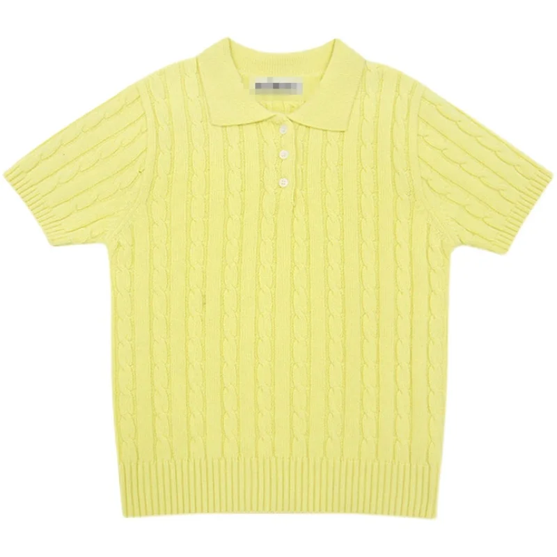 

ZAWAHIKI Korean Elegant Knitted Pullover Summer Turn Down Collar Short Sleeve Hemp Pattern Solid Tops Loose Thin Women Clothing