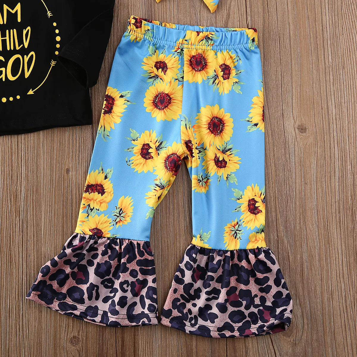 Pudcoco Toddler Baby Girl Clothes Letter Long Sleeve T-Shirt Tops Sunflower Leopard Print Bell-Bottoms Headband 3Pcs Outfits Set | Детская