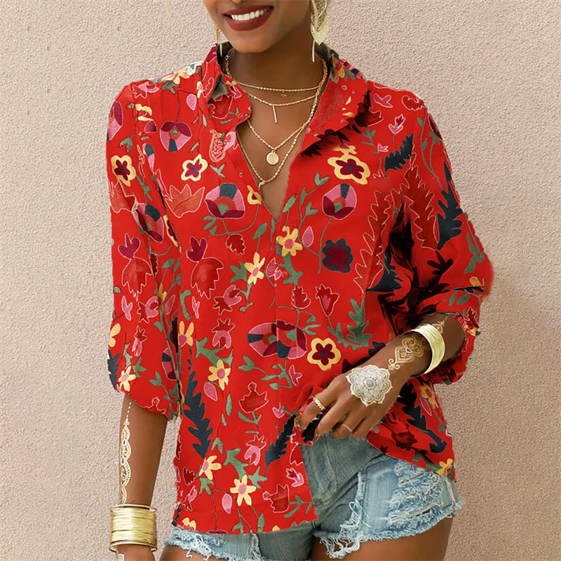 

Women Autumn Streetwear Temperament Long Sleeve Shirt Girls Floral Plant Printing Lapel Loose Single-breasted Tops