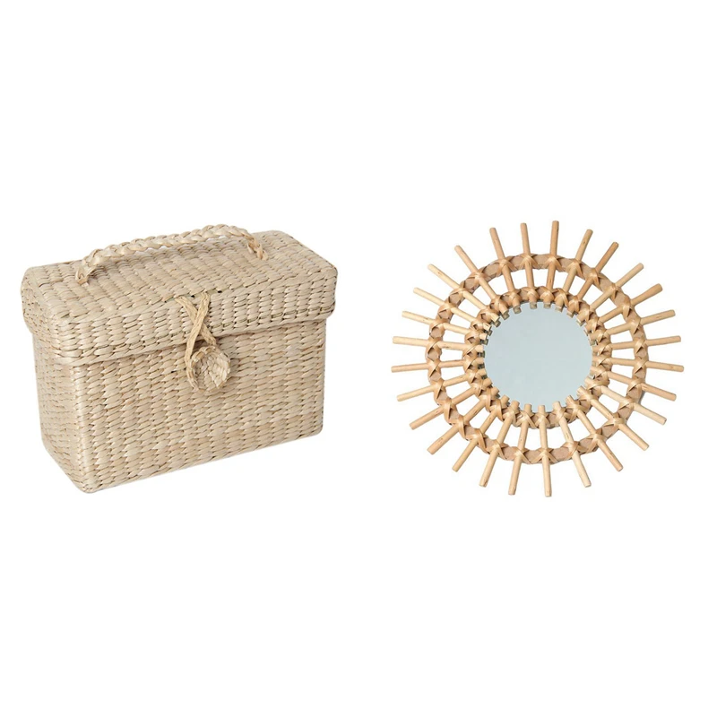 

Handmade Rattan Small Storage Box with Lid & Nordic Rattan Dressing Mirror Innovative Art Decor Round Mirror