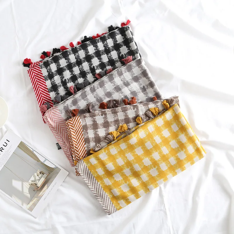 Женский клетчатый шарф с принтом Омбре мягкая шаль из натурального хлопка в