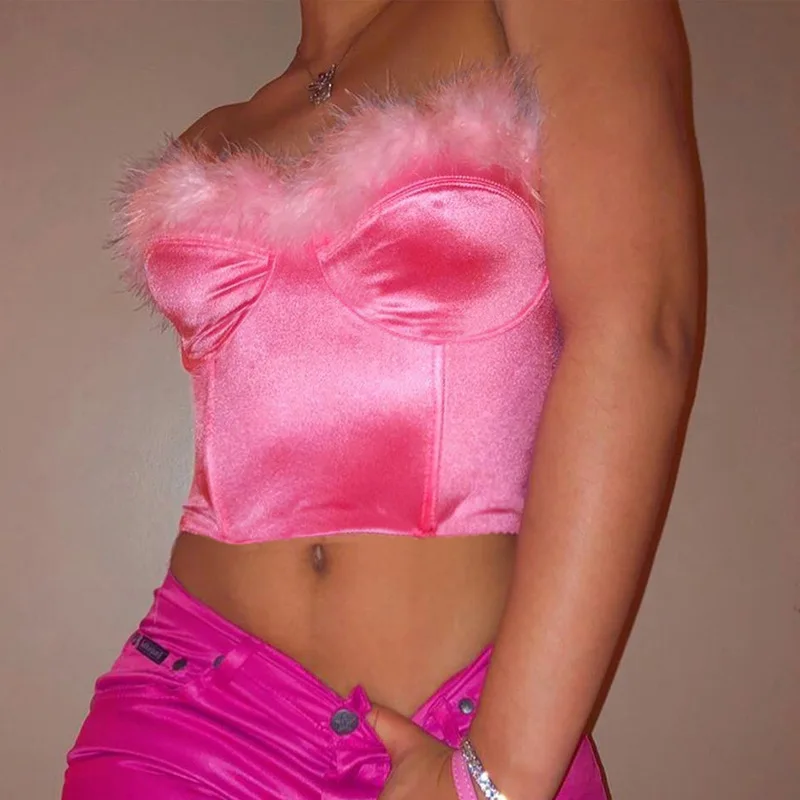 Pink Fur Satin Sexy Tube Crop Top Neon T-shirt 2021 New Spring Party Club Tanks Tshirt Tees Summer Sleeveless Short T Shirt | Женская