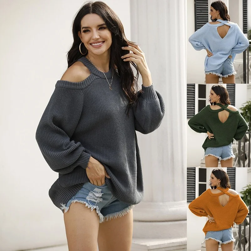 

2021 Oversized Autumn Winter Off Shoulder Sweaters Casual Pullovers Knitted Loose Sweater Women Lady Gray Backless Pull Jumpers