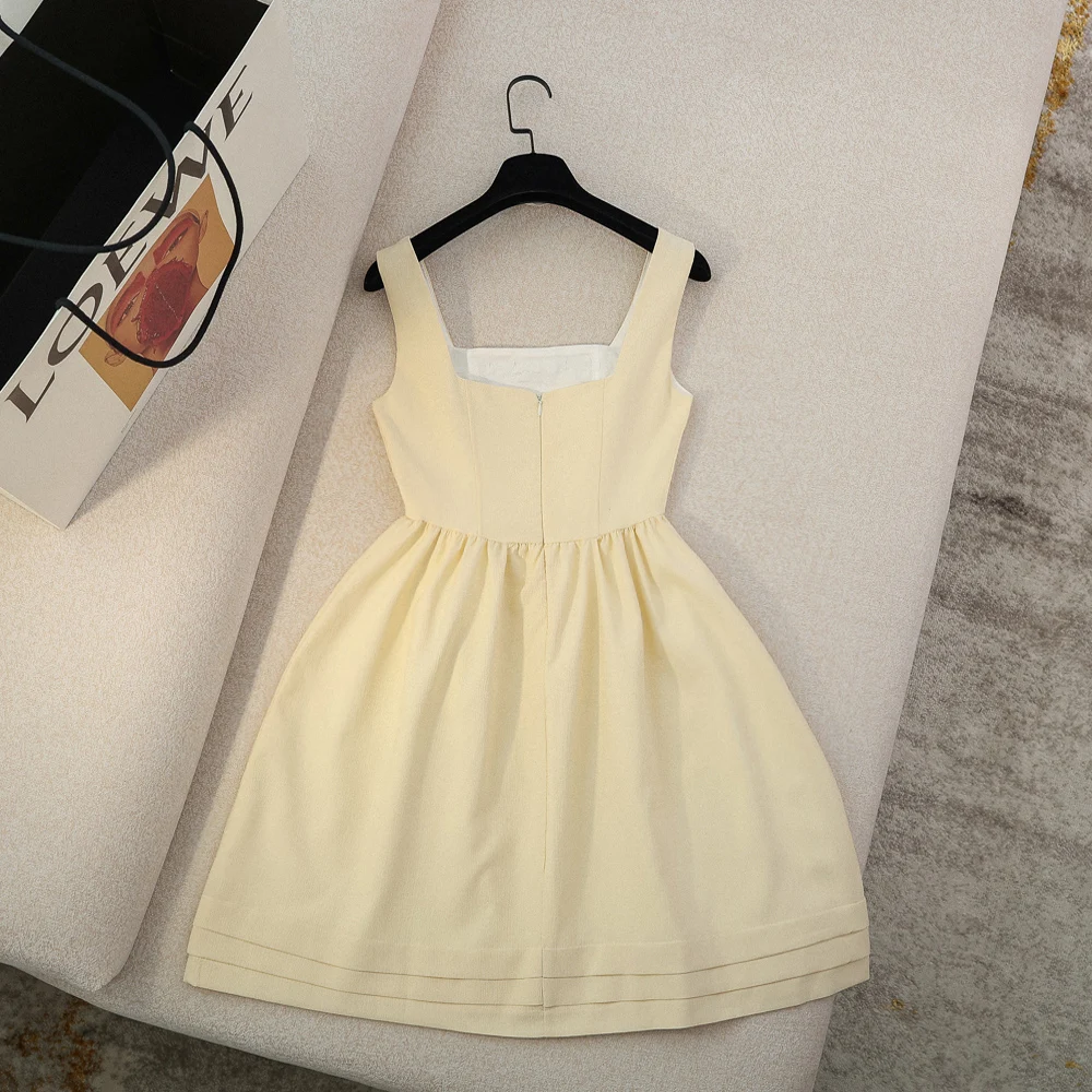 

New Suspender Square Collar Rhinestone High Waist A Line Dress Women Temperament Party Dresses Girl Vestidos 2021 Summer