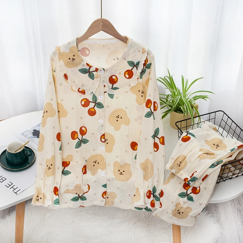 

Women Cotton Sleepwear Cute Bear Print Home Clothes 2021 New Spring Long Sleeve Cotton Pajamas Set Femlae Plus Size Homewear