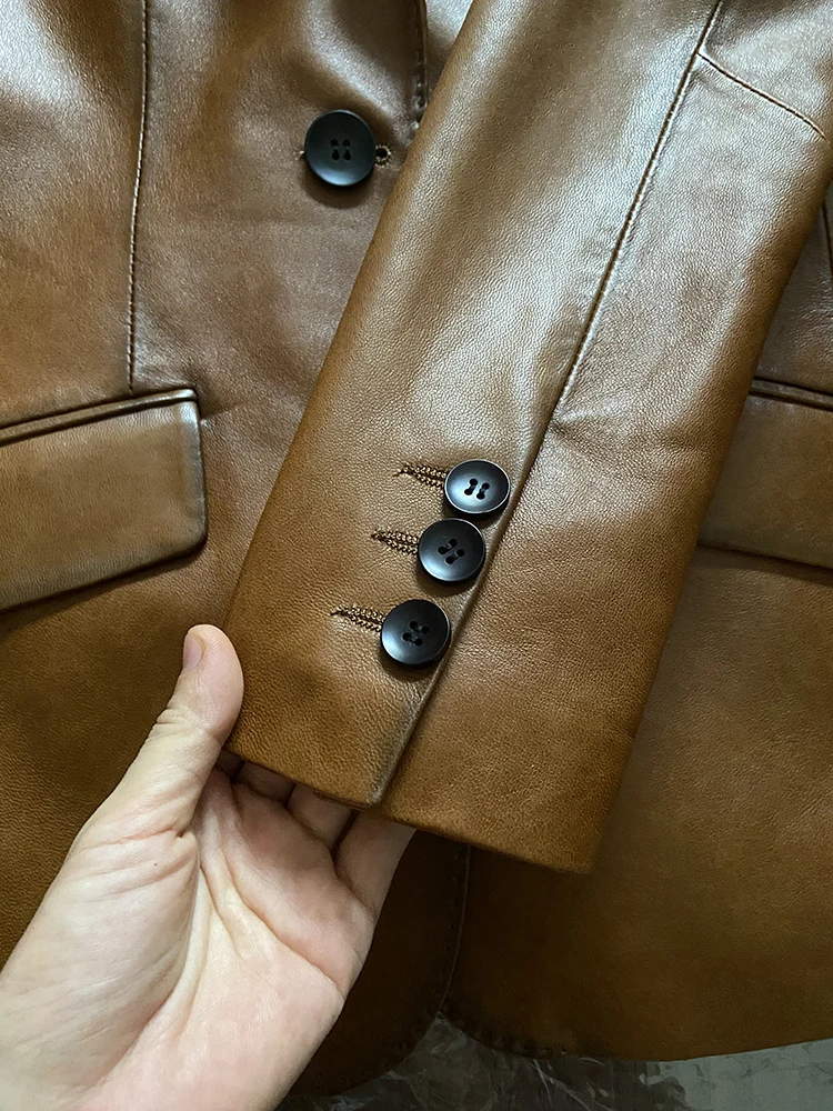 Hot Sale High Quality Spring Autumn Office Lady Thin Real Sheepskin Leather Women Slim Genuine Leather Coat