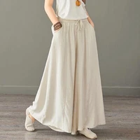 new womens casual cotton and linen wide leg pants literary retro lace solid large size loose womens long pants