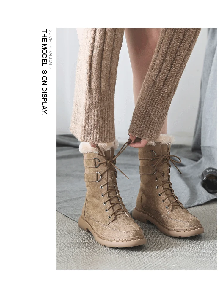 Женские зимние ботинки; нескользящие Полусапоги; Botas Mujer; теплая зимняя обувь до середины икры на платформе с толстым мехом; британский стиль; Цвет черный, бежевый