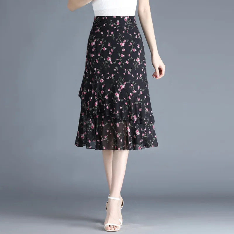 

Summer Women High Waisted Floral Fishtail Skirt Female Elegant Fashion Splice Ruffles Slim Casual Mid-long Skirts