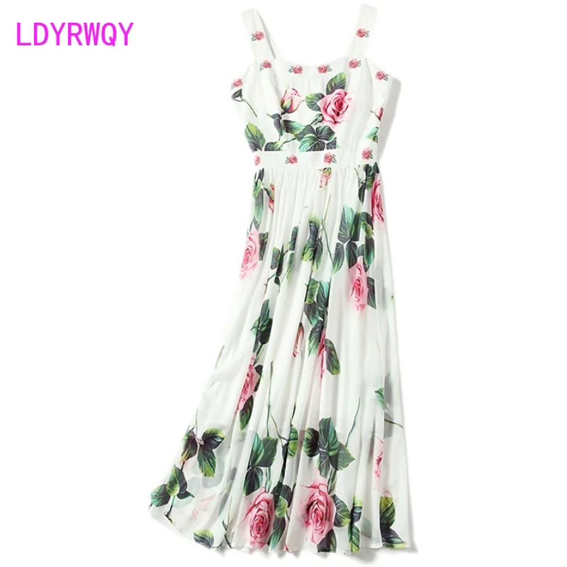 

LDYRWQY2021 rose flower stitching chiffon holiday big swing suspender dress Knee-Length Office Lady