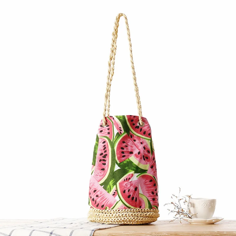 

Fashion Women Summer Rattan Bags Barrel Straw Bag Handmade Woven Beach Watermelon Drawstring Bags Bohemian Handbags Totes Shop