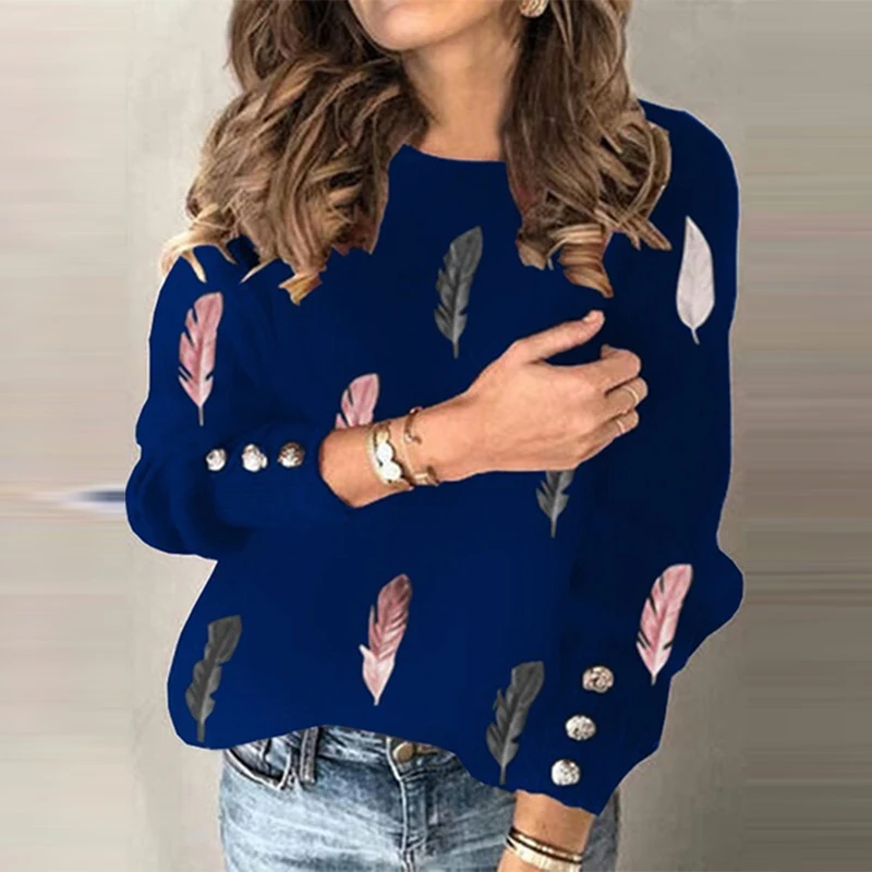 

Ladies Autumn Fashion V-Neck Long Sleeve Loose Knitted Sweater Pullover Women Casual Streetwear Fashion Feather Printing Sweater