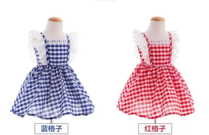 

Girl Plaid Dress 2020 New Style Backless Lovely Cotton Summer lace Sleeve Casual Dress Kid Clothes E1716