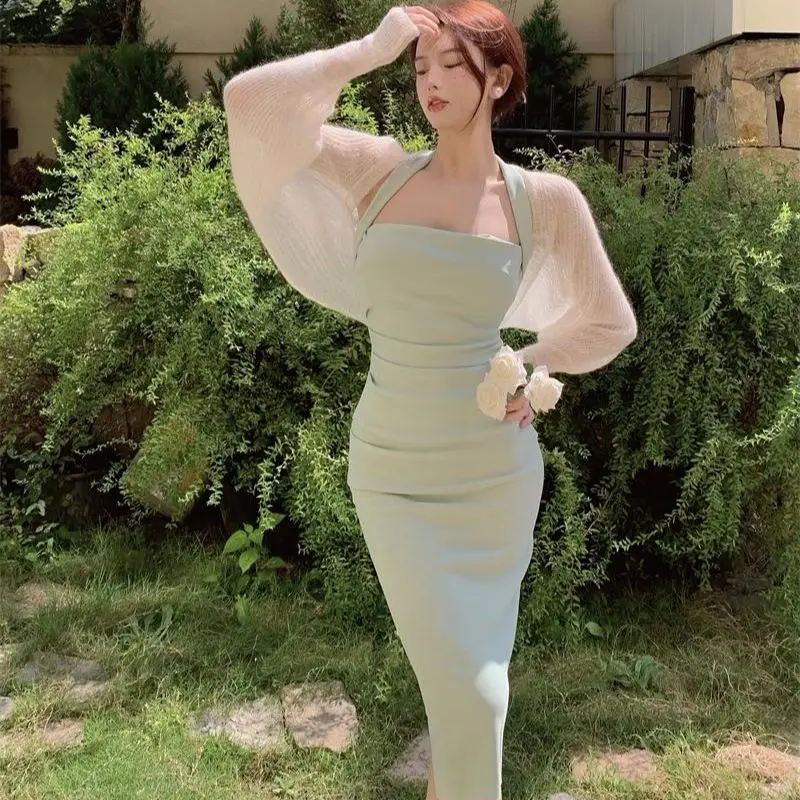 

Women Fashion Sexy Backless Spaghetti Strap Midi Dresses+Casual Cardigan 2 Piece Set Femme Holiday Beach Elegant Vestido Suit