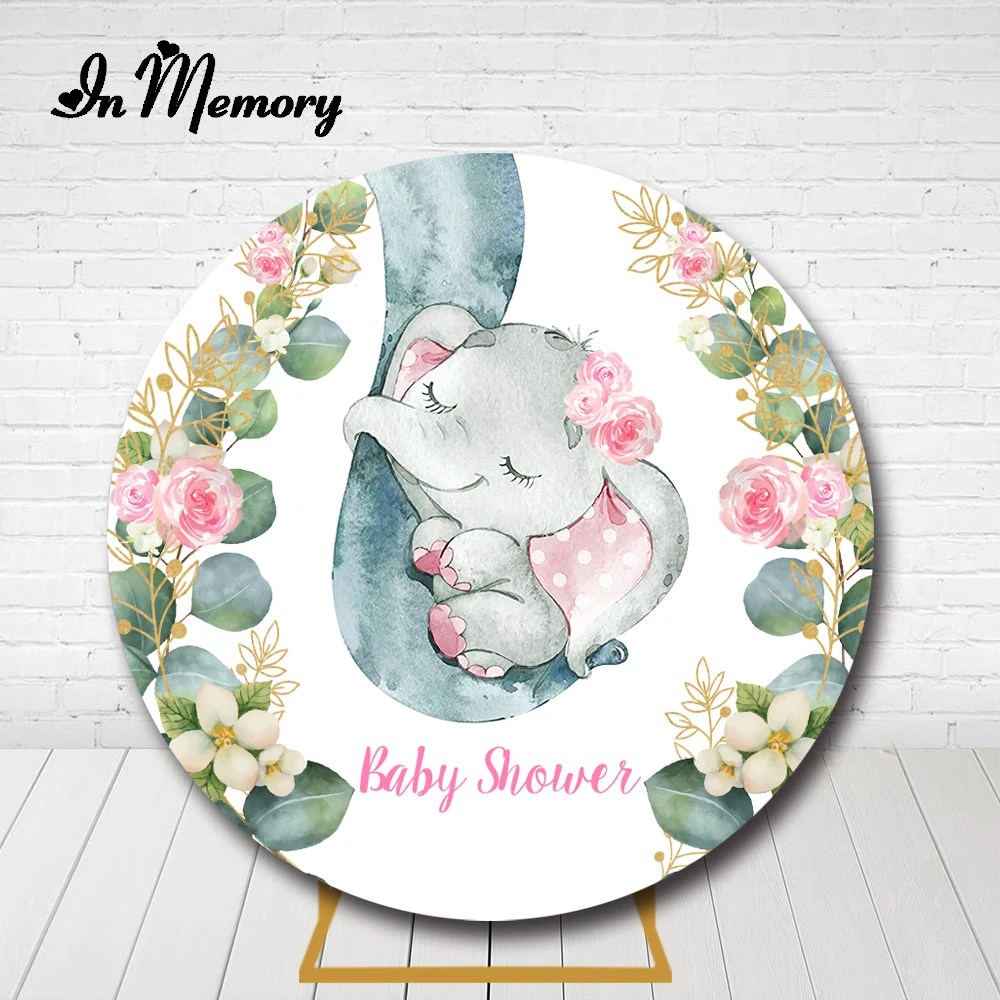 

InMemory Flower Green Leaves Baby Elephant Round Backdrop Cover Girls Newborn Baby Shower Baptism 1st Birthday Circle Background