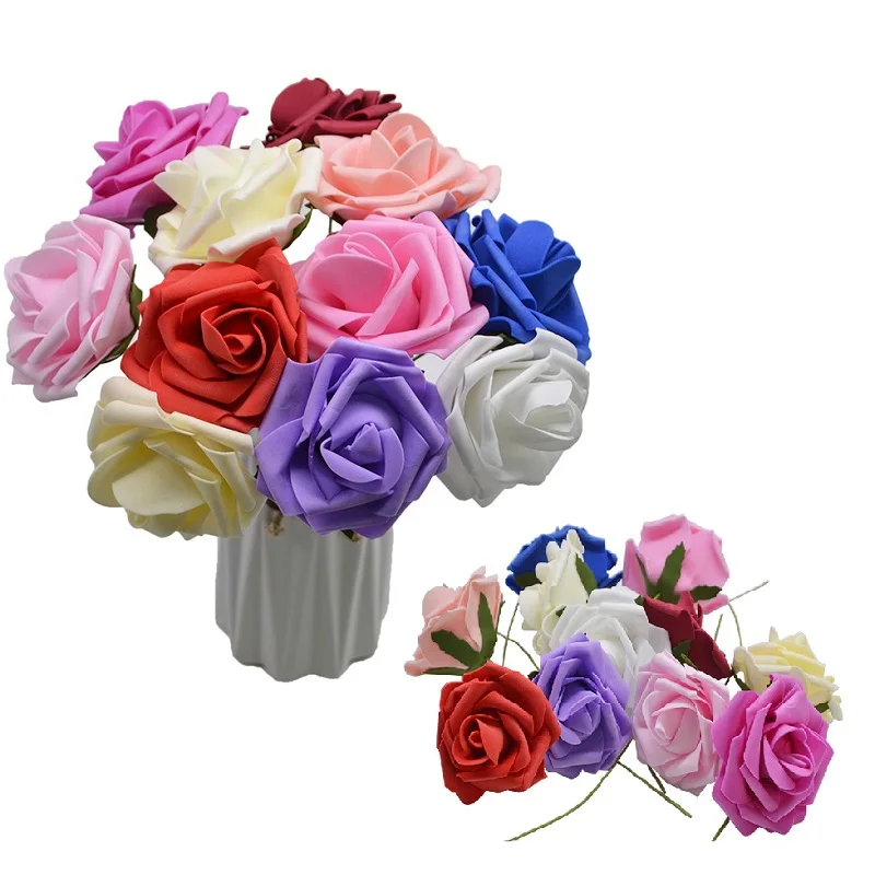 

10Pcs 8cm Heads Roses Flower Bouquet Foam Artificial Fake Flowers with Leaf Wedding Home Decoration Floral Wreath Scrapbooking
