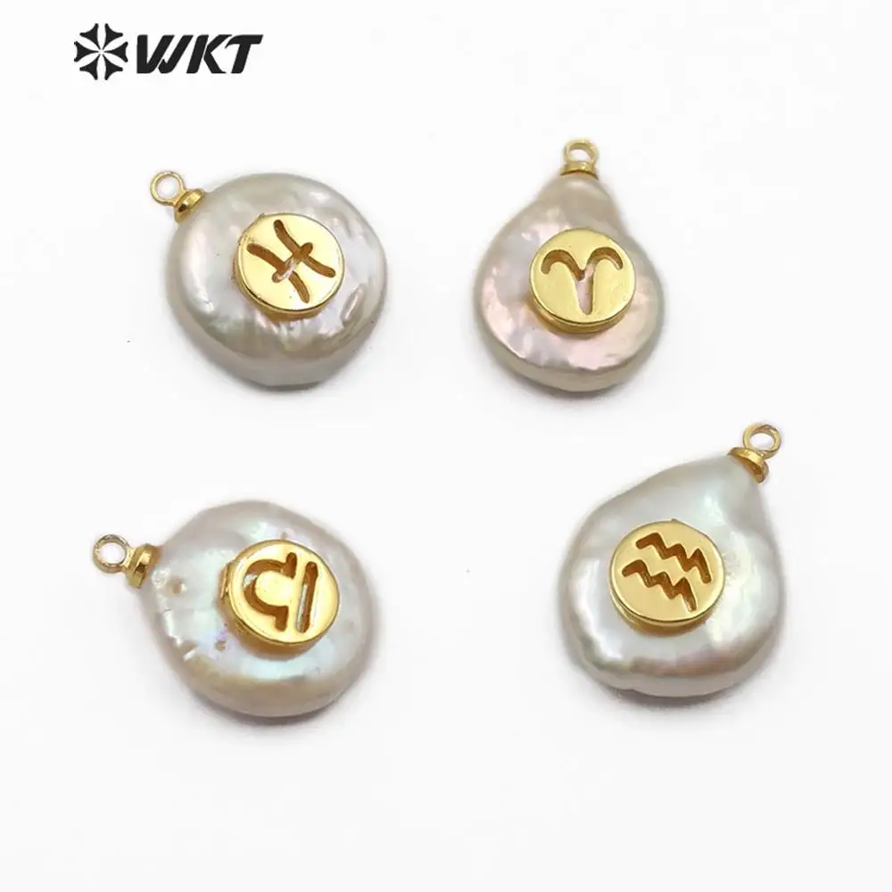 WT-JP161 twelve constellations gold pattern carved Pendant round shape pearl special gift for women Necklace Jewelry | Украшения и