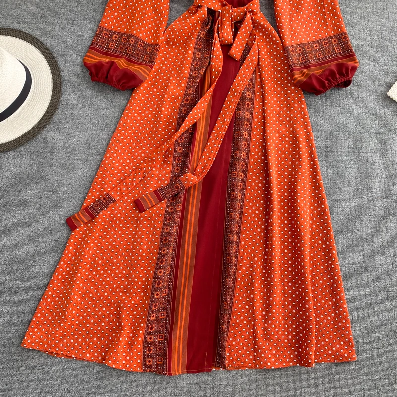 

Spring Autumn Women Printed Long Dress Vintage Puff Long Sleeve High Waist A-Line Vestidos Female 2021 New Fashion Beach Robe