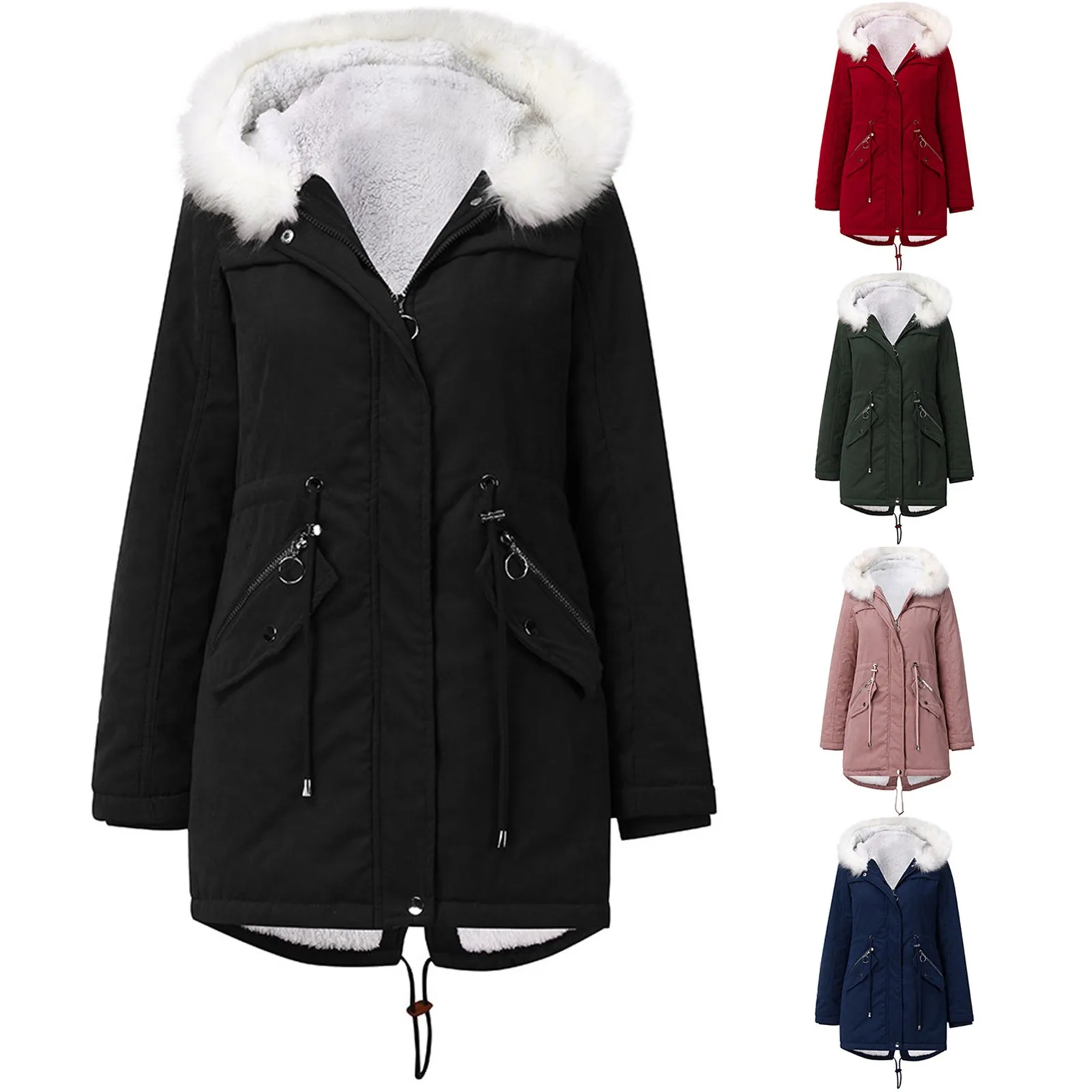 

Женское пальто с хлопковой подкладкой, зимнее теплое бархатное пальто средней длины с капюшоном, Женская ветровка с капюшоном, парка, искус...