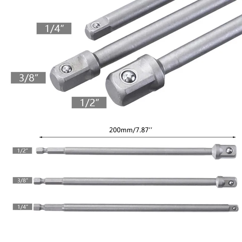 

1pc 200mm 1/2'' 3/8'' 1/4'' Electric Wrench Extension Bar Drill Bit Socket Adaptor Extender Tool Power Tool Accessories