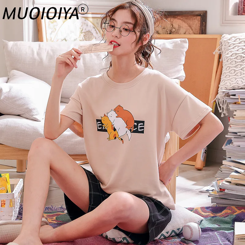 

Пижамный комплект женский из 2 предметов, мягкая хлопковая Летняя женская пижама с коротким рукавом, милая мультяшная одежда для сна, женска...