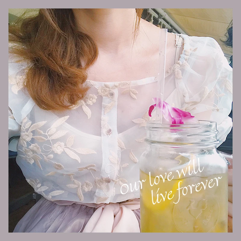 

Princess sweet lolita blouse Original autumn national style girl transparent Organza flower embroidery slash neck blouse MC022