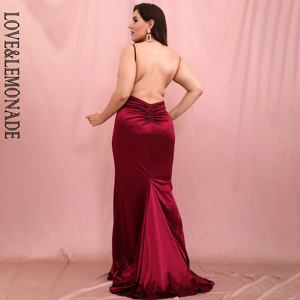 

LOVE&LEMONADE PLUS SIZE Sexy BURGUNDY Deep V-Neck Open Back Whit Split Elastic Bodycon Maxi Dress LM81222-1PLUS