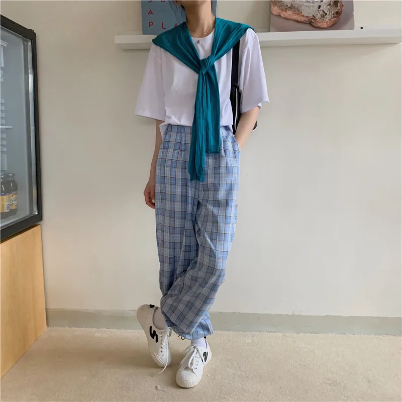 

2020 Women Summer Blue Plaid Leisure Korean Lovely Students Harajuku sports vintage drawstring pants high waist Trousers