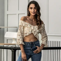 tops lotus sleeve lace shirt sexy pure color flowers pattern slim hook flower hollowe t shirt crop tops 2021 new summer fashion