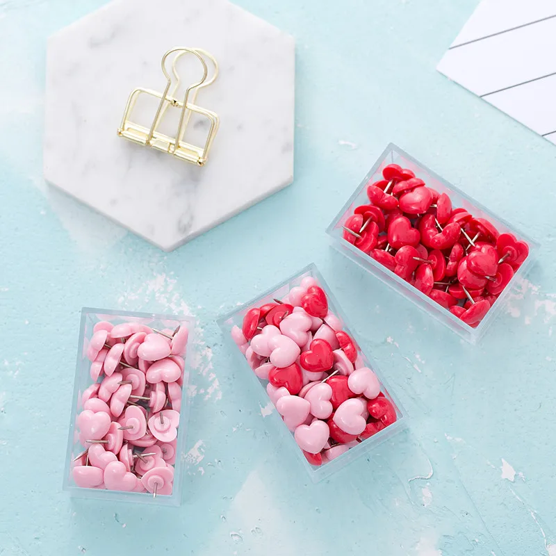 

50pcs Pink Heart-shaped Pushpin Plastic Fixing Tool Cork Board Safety Colored Pins Office School Binding Accessories