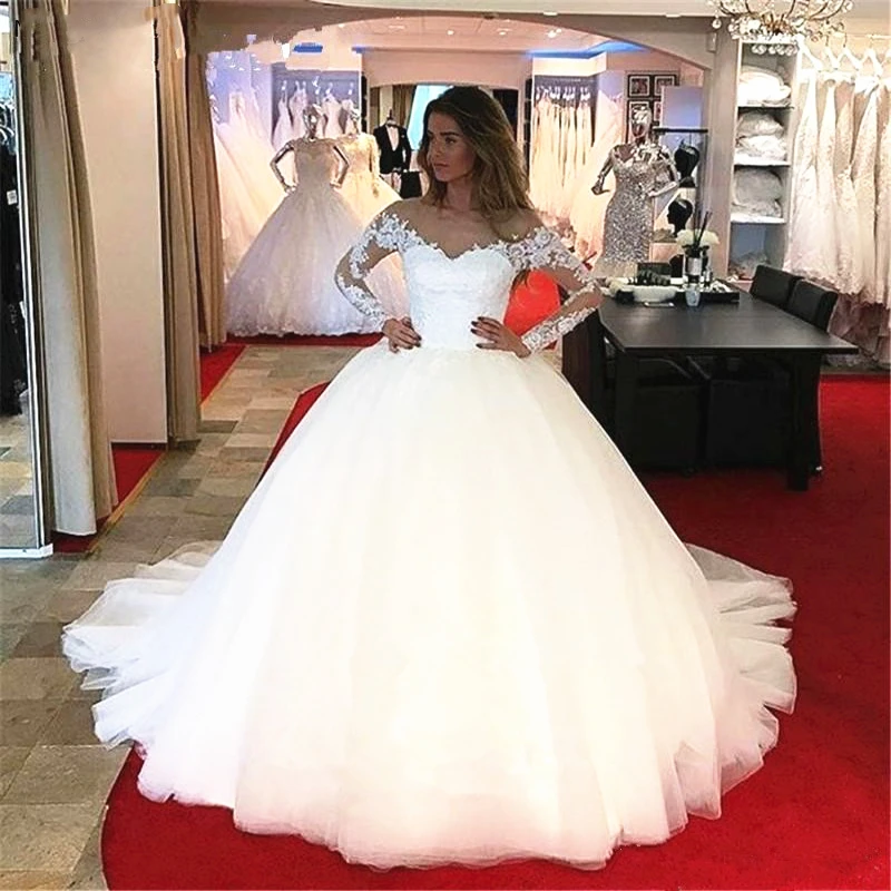 

Princess Wedding Dress Ball Gown Long Sleeve Off Shoulder Sparkly Sequined Lace Floor Length Bridal Gowns Vestido de noiva
