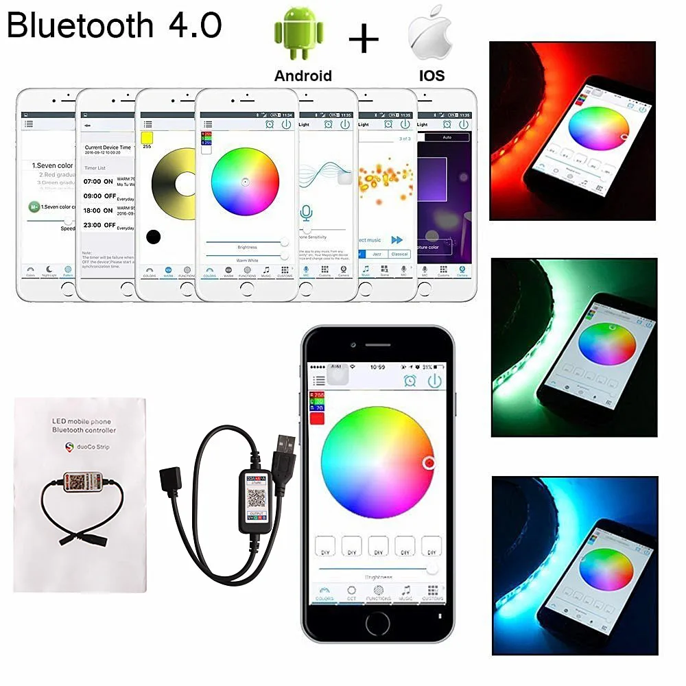 Цветная(RGB) Лента Bluetooth USB Светодиодные ленты ТВ фон Гибкая неоновая лента Тира светодиодные лампы 5V 0,5 м SMD 5050 RF контроллер светодиодный RGB полосы светильник