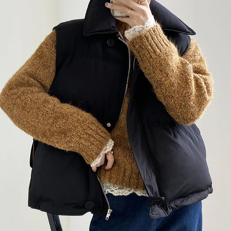 

Unua amo Autumn Winter Women's Solid Loose Vest Turn Down Collar Sleeveless Jacket Cotton Padded Outwear Female Warm Waistcoat