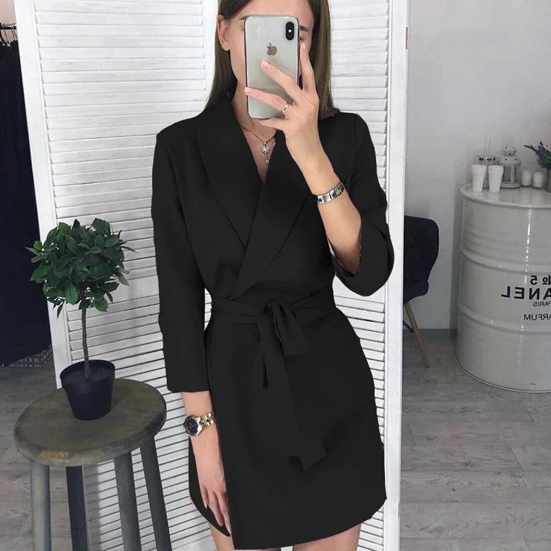 Женское офисное платье блейзер FSDA розовое повседневное мини с длинным рукавом и v