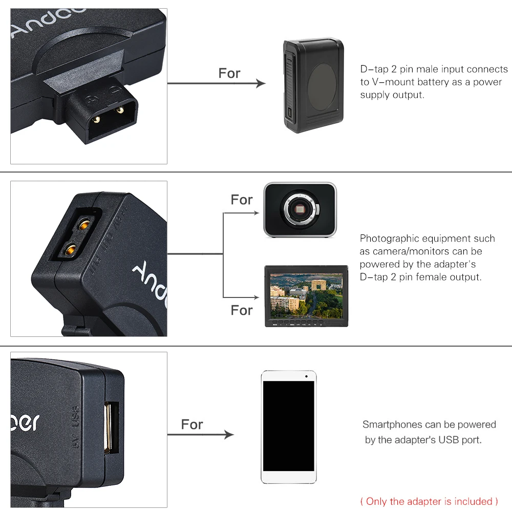 Andoer D-Tap to 5V USB Adapter Connector for V-Mount Camcorder Camera Battery BMCC iPhone iOS Android Smartphone Monitor | Электроника