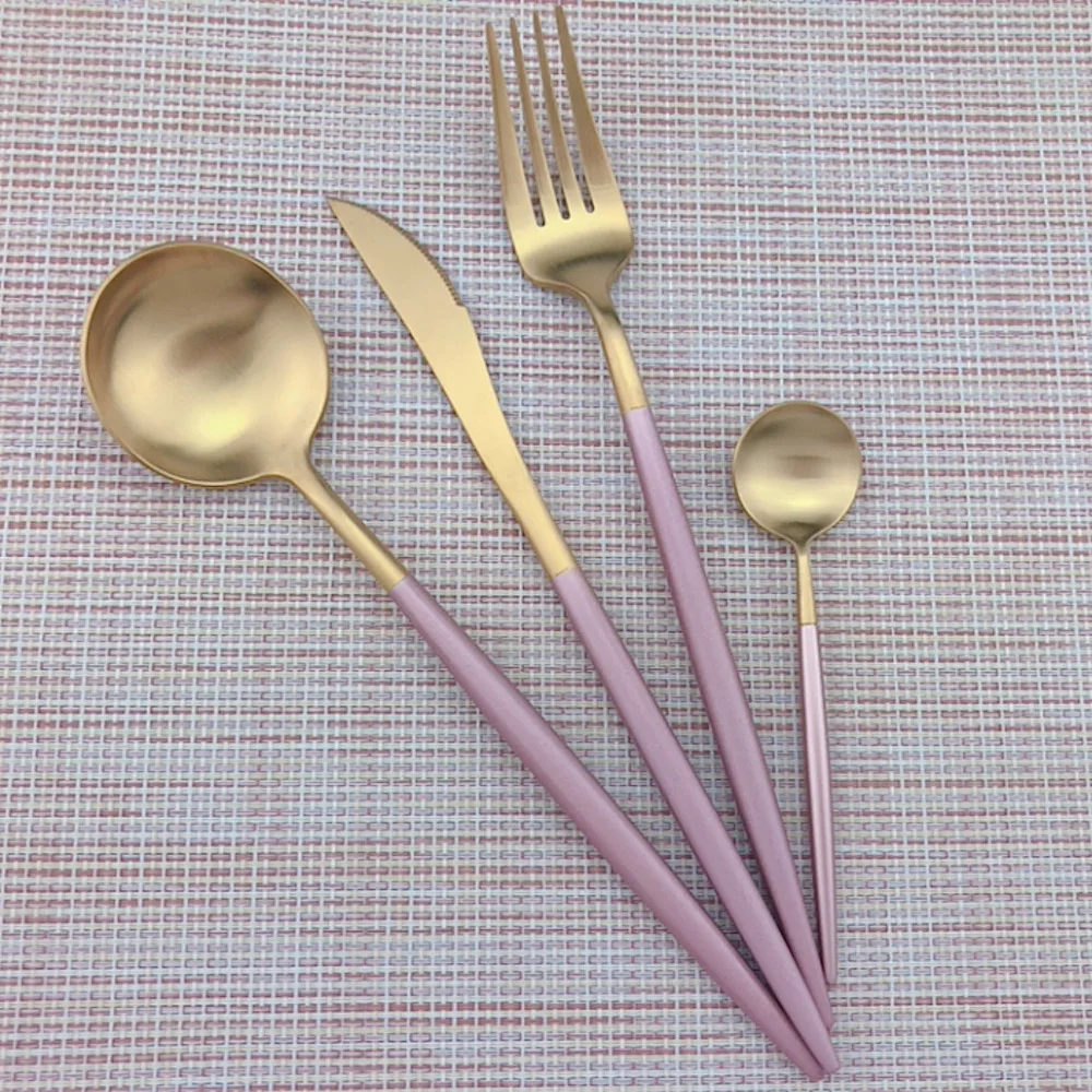 

5 Pcs Gold Flatware Golden Stainless Steel Tableware Cutlery Set Dinner Knives Dessert Salad Forks Spoon Round Scoops Dinnerware