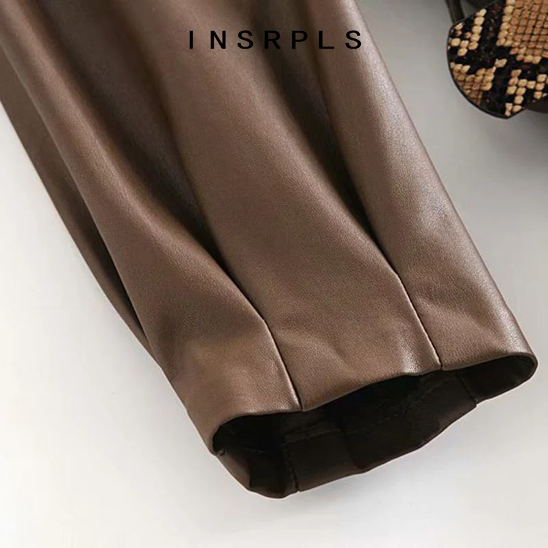 

INSRPLS Women Chic Fashion With Belt Faux Leather Pleated Midi Dress Vintage Puff Sleeve Pockets Female Dresses Vestidos