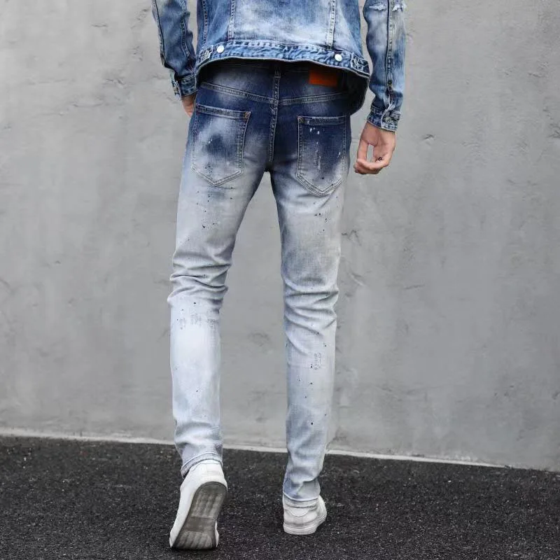 

European American mens dsq brand Slim Denim trousers button light blue hole Pencil Pants jeans for Men 8008