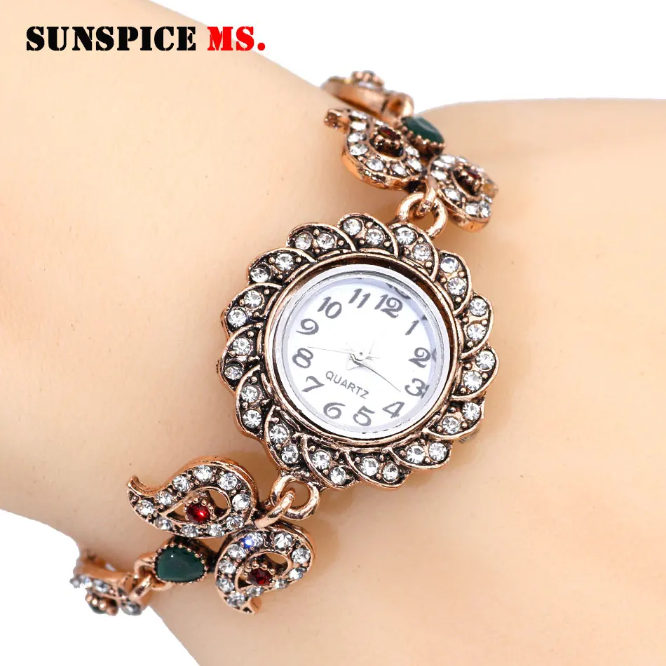 Sunspice Ms античный браслет для часов женщин Серебряный цветок с кристаллами