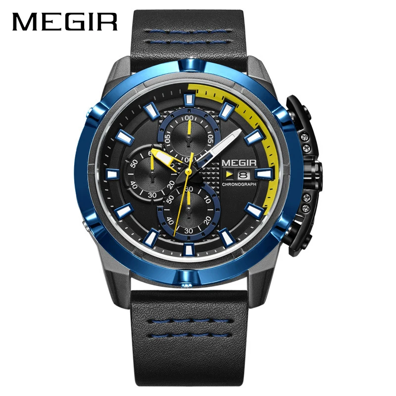 

MEGIR New Men Luxury Personality Military Chronograph Quartz Watch Retro Calendar Waterproof Leather Watches Multifunction 2062G