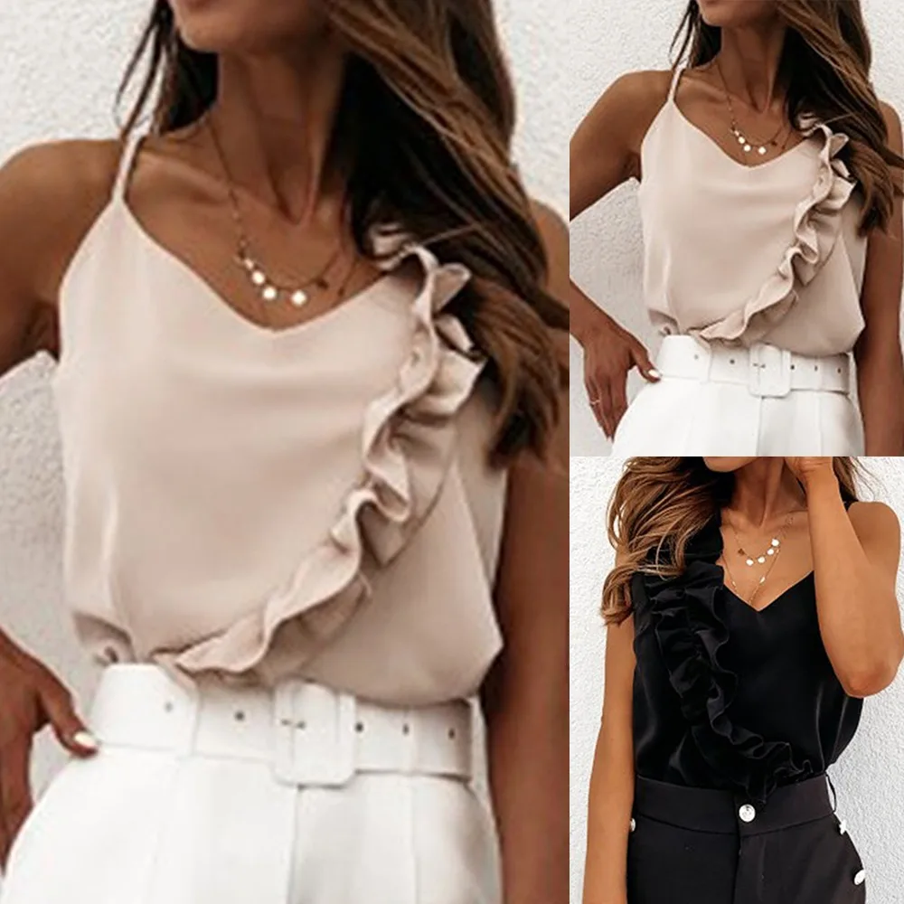 

2021 New Women Summer Blouse Shirts Sexy V Neck Ruffle Blouses Backless Spaghetti Strap Office Ladies Sleeveless Casual Tops