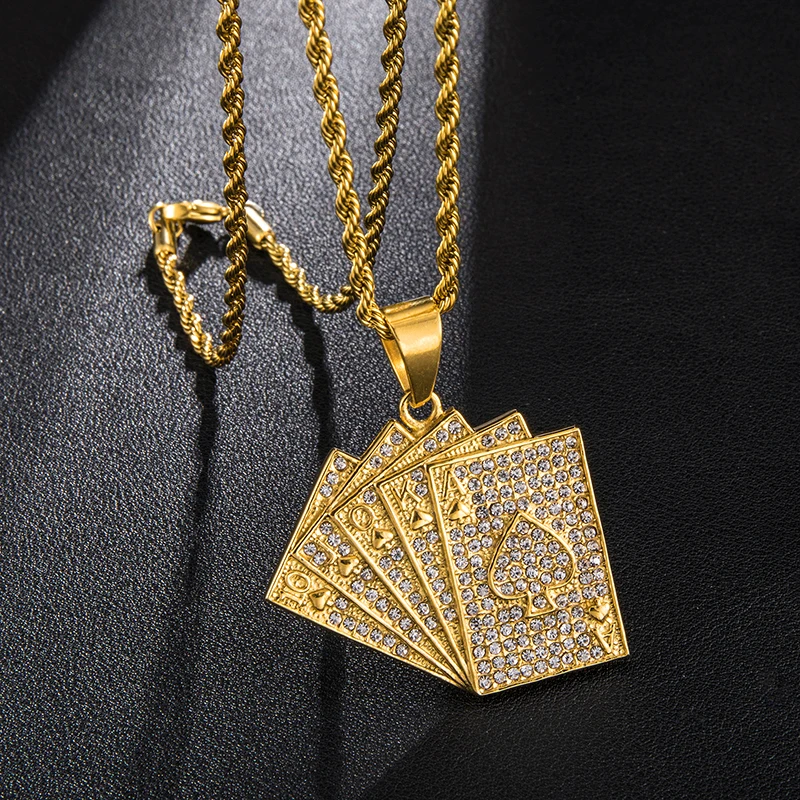 Хип хоп Iced out Bling золотого цвета для покера с сердцем из нержавеющей стали горный хрусталь яркие ожерелья и подвески для мужчин ювелирные изделия