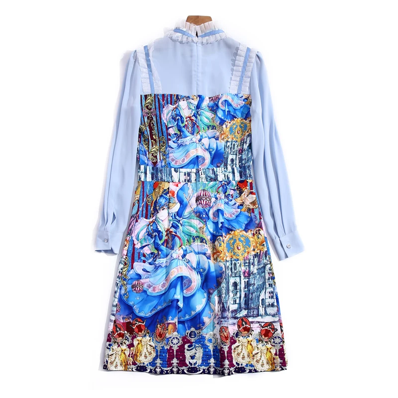 

High Quality Designer Spring New Women'S Streamers Long Sleeve Patchwork Blue Print Retro Elegant Party Fashion Mini Dress