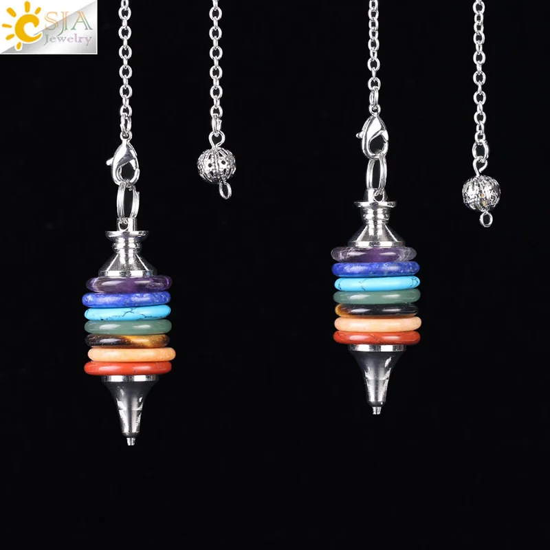 

7 Color Round Hollow Stone Layer Pendulum Dowsing Divination Healing Chakra Chain Yoga Balancing Reiki Pendant Jewelry