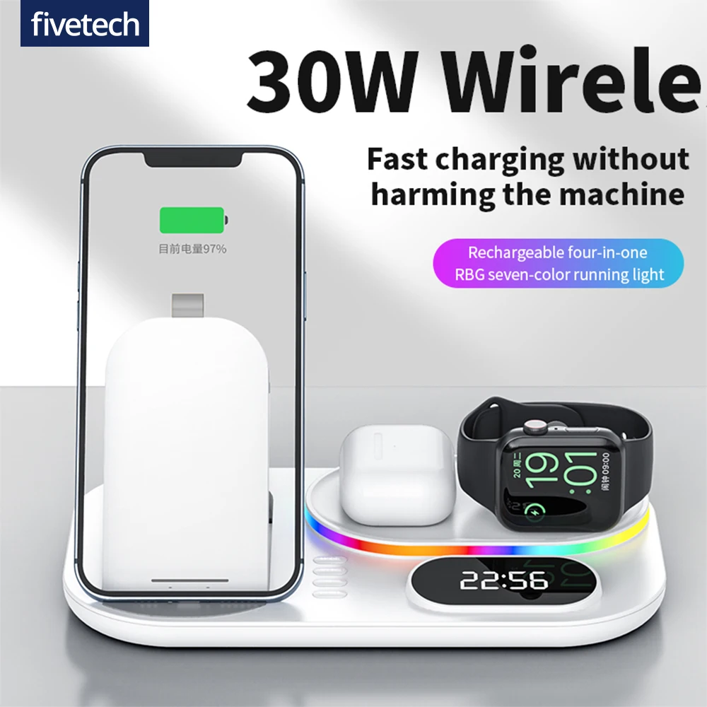 4 in 1 wireless chargers for iphone 13 pro1211xr8 15w qi wireless chaging staion for iwatchairpods 3 with led clock free global shipping