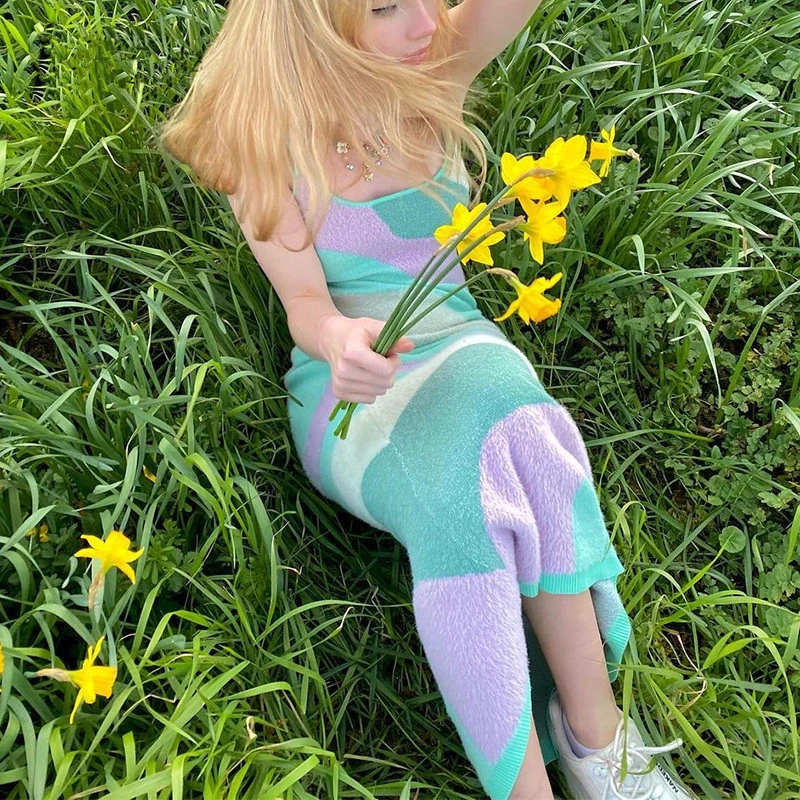 

New Fashion Medium Length Tight Skirt Sexy Backless Hypotenuse Dress Waist High Sleeveless Female Y2k Hollow Out Unique Dresses