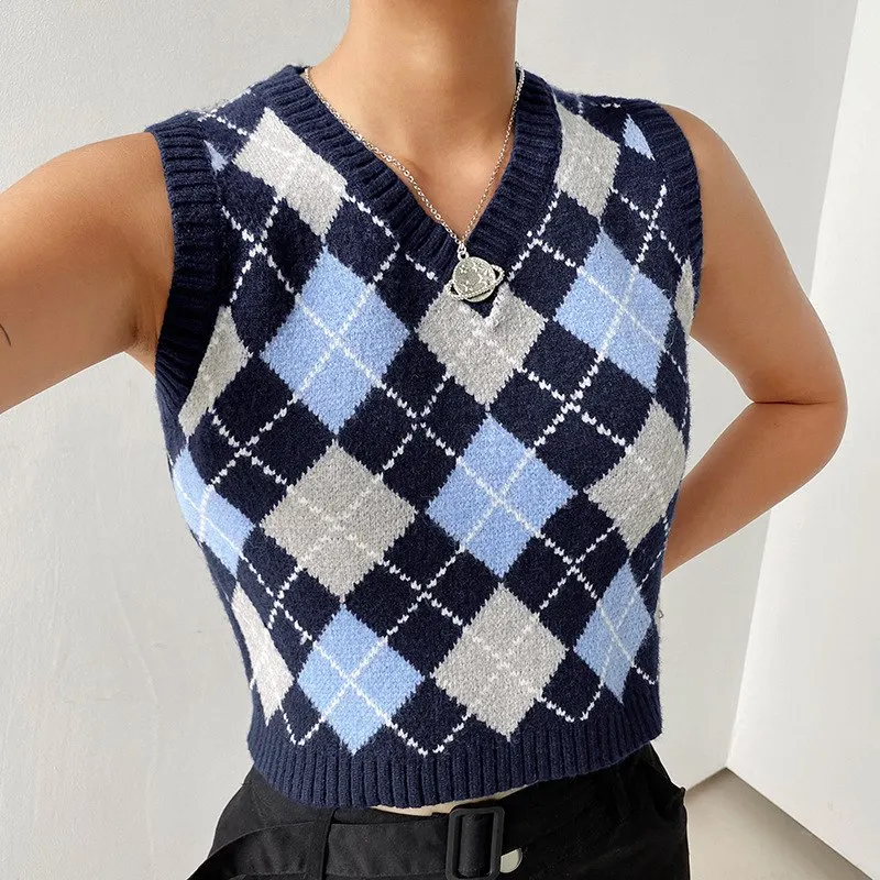 

New Women Colorblock Vintage Argyle Sweater Vest 2020 Winter British Style Sleeveless Plaid Knitted Crop Sweaters Casual Top-2