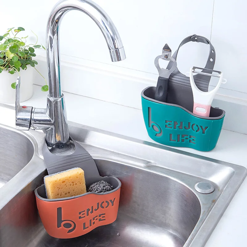 

Hanging Sink Drain Baskets Soap Sponge Organizer Holder Bathroom Faucet Storage Rack with Drainer Holes Kitchen Accessories