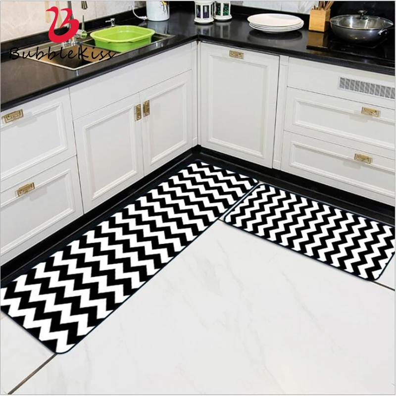 

Bubble Kiss Modern Black White Simple Wavy Striped Kitchen Mats Home Decor Welcome Mats for Front Door Hot Sale Kitchen Rugs